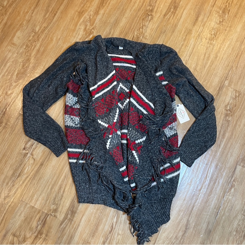 St Johns Bay Cardigan Sweater Gray  Red White Aztec Open Front, Fringe ,XL, NWT - Picture 10 of 12